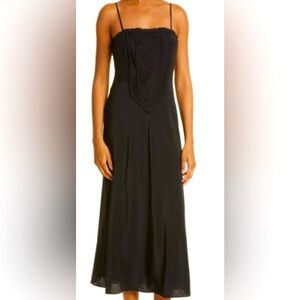 Rebecca Taylor Black Silk Midi Dress with Lace Bib, size 2